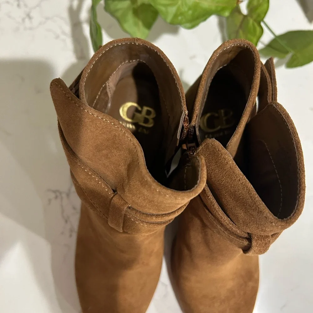 Gianni Bini Chestnut Suede Ankle Boots with Buckle Strap